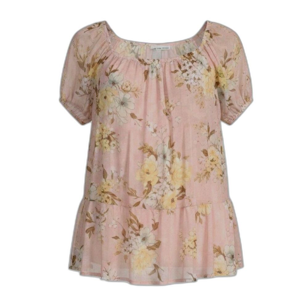 AGB Pastel Pink Floral Layered Blouse Flutter Sleeve Top